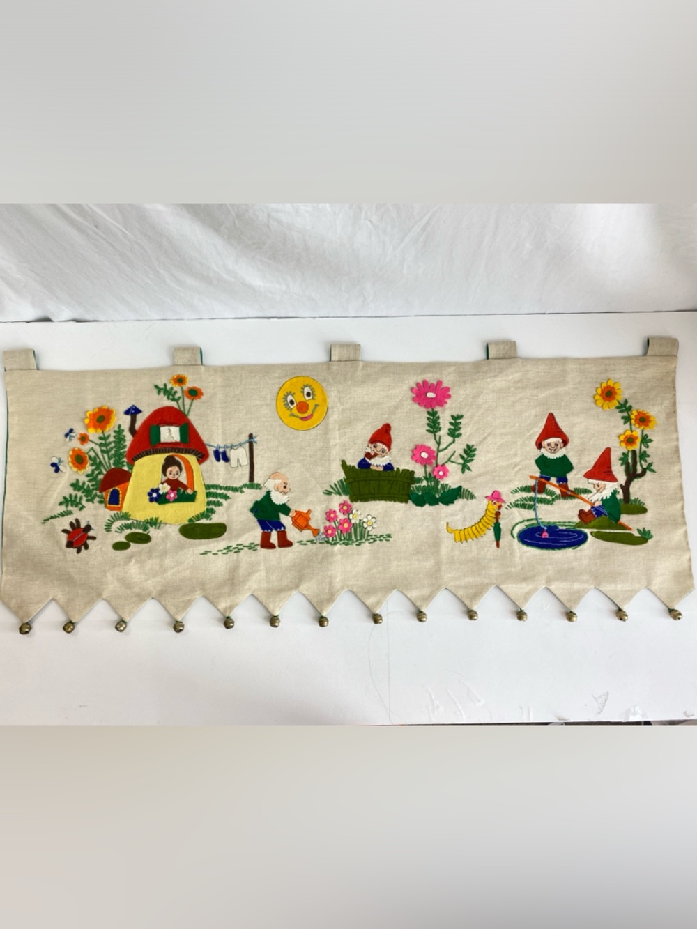 Vintage Gnome linen curtain valance Scandinavian folk art embroidery appliqué